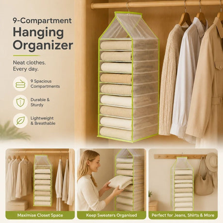 Robust PVC Multi-slot Hanging Clothes Holder, 9 layered sections to sort all trousers neatly, soft Forest Green