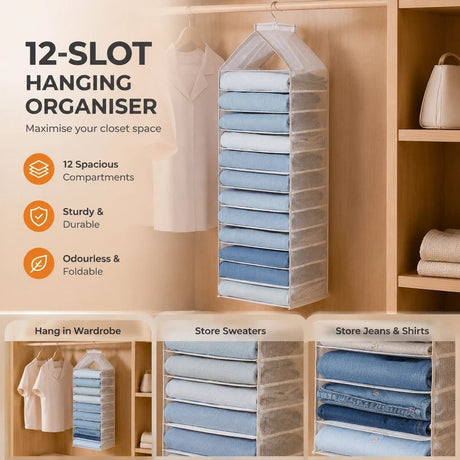 Max Size PVC Wardrobe Suspended Storage Caddy, 12 independent compartments for full apparel sorting, muted Dusk Grey