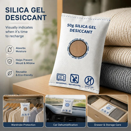 Cobalt Free Flat Top White Silica Gel Desiccant, Moisture Absorbing Sachets, 50g Two Pack