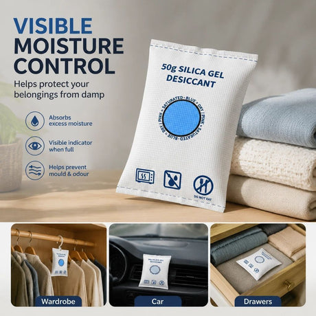Regular Flat Opening White Silica Gel Packets, Visible Humidity Moisture Remover, 50g Twin Pack