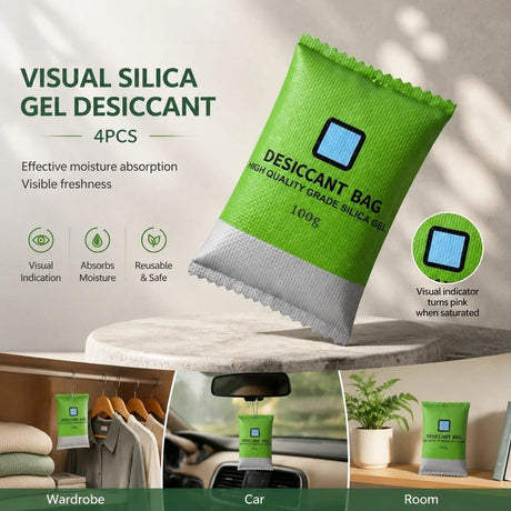 4 Pack Visual Humidity Green Silica Gel Desiccant, Colour Changing Regular 100g Dehumidifying Beads