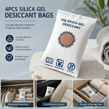 Cobalt Free White Flat Top Silica Gel Packs, Odourless Moisture Removing Sachets, 50g Four Pack