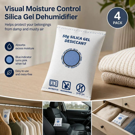 Regular White Flat Mouth Silica Gel Desiccant Bags, Visible Humidity Control, 50g Quad Pack
