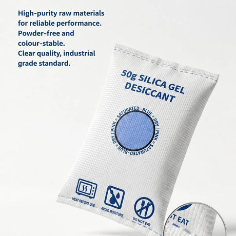 Regular White Flat Mouth Silica Gel Desiccant Bags, Visible Humidity Control, 50g Quad Pack
