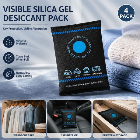 4 Pack Standard Blue Black Flat Opening Silica Gel, Visual Humidity Dehumidifying Packs 200g