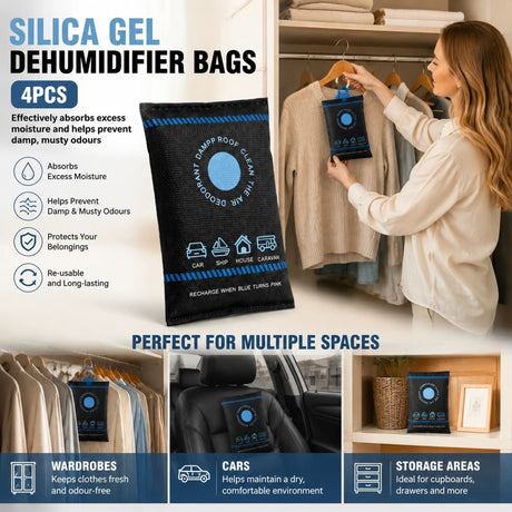 Quad Set Regular Blue Black Flat Top Silica Gel Sachets, Humidity Tracking Moisture Absorber 100g