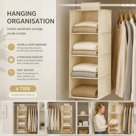 Cotton Linen Hanging Clothes Caddy, 4 Tier, Beige, Space Saving Robe Storage