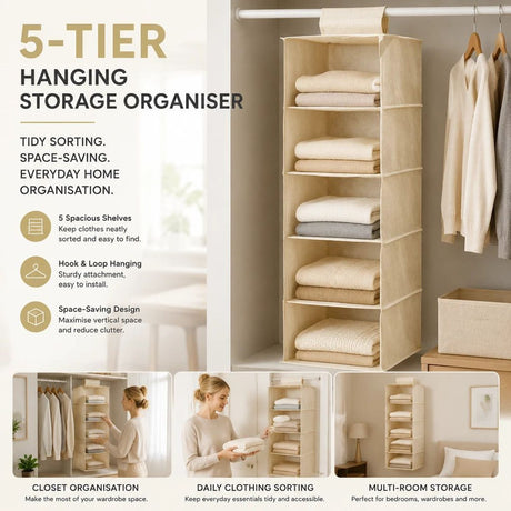 Cotton Linen Multi-Layer Hanging Storage Bag, 5 Tier, Beige, Tidy Outfit Sorting