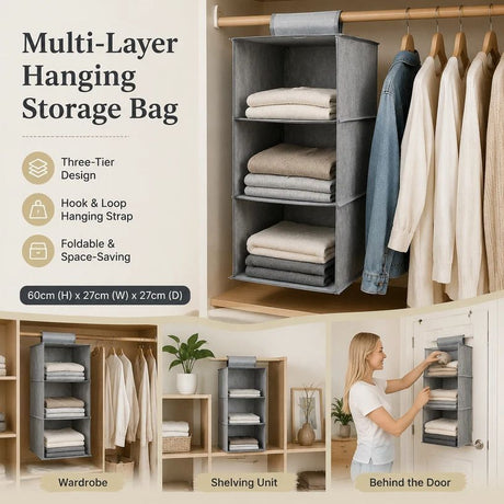 Cotton Linen Suspended Wardrobe Organiser, 3 Tier, Grey, Compact Apparel Storage