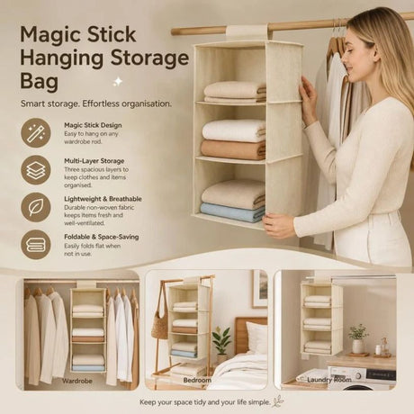 Cotton Linen Hanging Wardrobe Organiser, 3 Tier, Beige, Practical Robe Sorter