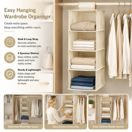 Cotton Linen Hanging Clothes Caddy, 4 Tier, Beige, Clear Garment Partition