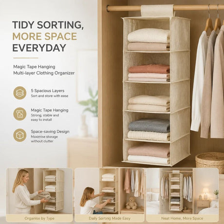 Cotton Linen Multi Layer Hanging Storage Bag, 5 Tier, Beige, Mess-Free Wardrobe