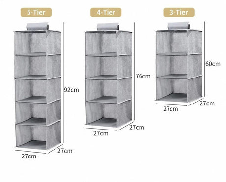 Cotton Linen Suspended Wardrobe Organiser, 3 Tier, Grey, Simple Daily Storage