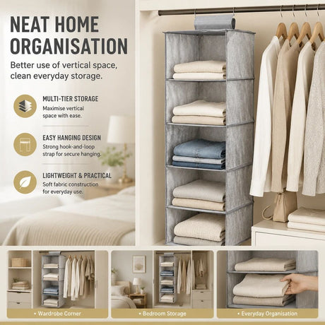 Cotton Linen Multi-Tier Hanging Garment Caddy, 5 Tier, Grey, Tidy Closet Layout