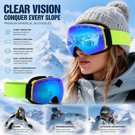 Thoughtful Gift UV400 Anti-Fog Ski Goggles, Fluorescent Green Frame, Blue Lens + Green Strap