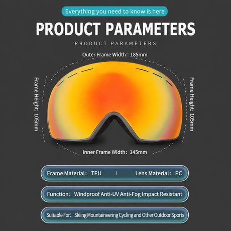 Thoughtful Gift UV400 Anti-Fog Ski Goggles, Fluorescent Green Frame, Blue Lens + Green Strap