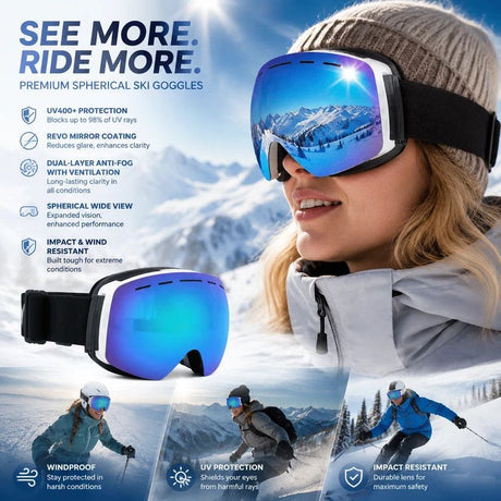 Sweet Outdoor Polarised Ski Goggles UV400, White Frame, Blue Coating Lens + Black White Strap