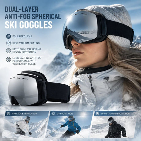 Ideal Winter Ski Gear UV400 Anti-Fog, Black Frame, Mercury Coating Lens + Black White Strap
