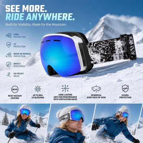 Sentimental Spherical Ski Goggles UV400, White Frame, Blue Lens + Striped Black White Strap