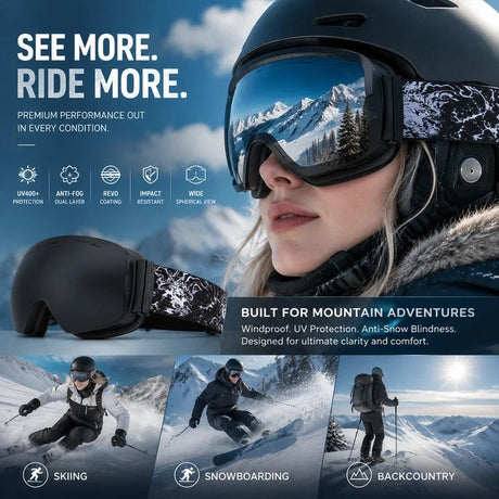 Premium Anti-Fog Ski Eyewear UV400, Black Frame, Black Coating Lens + Striped Black White Strap