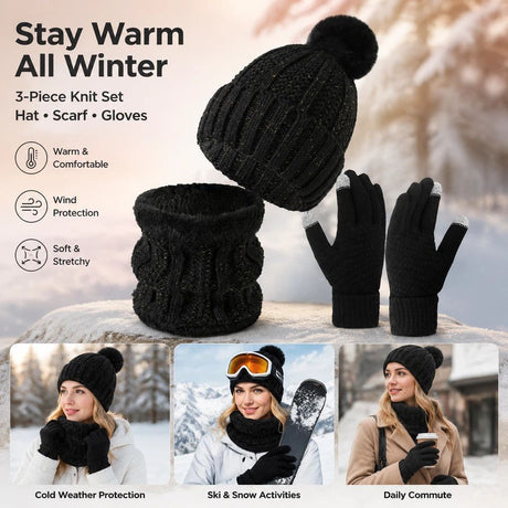 Thoughtful Ski Trip Gift Fleece Lined Thick Knit Hat 3 Pack Black, Warm Cold Weather Outdoor Snow Accessory