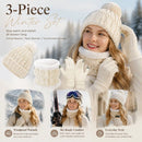 Lovely Winter Ski Present Insulated Knitted Hat 3 Piece Set White, Cosy Matching Outfit For Mountain Snow Trips