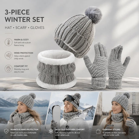Practical Snow Gear Gift Thick Fleece Knit Hat 3 Pack Light Grey, Ideal For Skiing & Outdoor Cold Days
