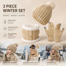 Warm Holiday Ski Essential Plush Lined Knitted Hat 3 Set Beige, Versatile Matching Wear For Ski Adventures