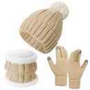 Warm Holiday Ski Essential Plush Lined Knitted Hat 3 Set Beige, Versatile Matching Wear For Ski Adventures