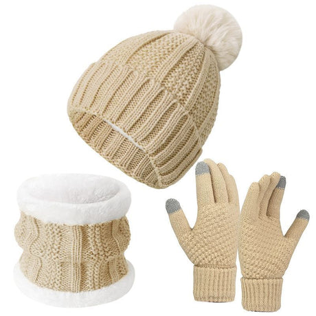 Warm Holiday Ski Essential Plush Lined Knitted Hat 3 Set Beige, Versatile Matching Wear For Ski Adventures