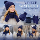 Premium Ski Travel Gift Fleece Lined Knit Hat 3 Set Navy, Snug Cold Weather Gear For Ski Mountain Trips