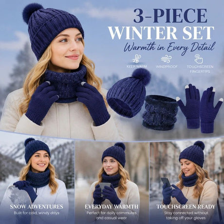 Premium Ski Travel Gift Fleece Lined Knit Hat 3 Set Navy, Snug Cold Weather Gear For Ski Mountain Trips