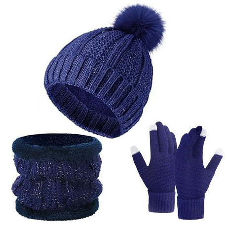 Premium Ski Travel Gift Fleece Lined Knit Hat 3 Set Navy, Snug Cold Weather Gear For Ski Mountain Trips