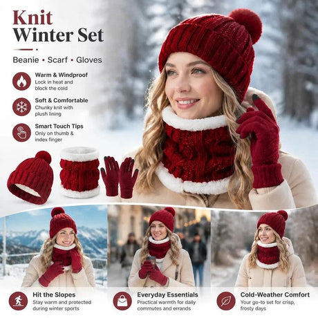 Cosy Winter Ski Surprise Plush Lined Knit Hat 3 Set Burgundy, Thermal Accessory For All Ski Activities