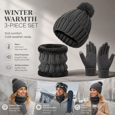 Reliable Cold Ski Present Insulated Thick Knit Hat 3 Pack Dark Grey, Warm Matching Set For Ski Holidays