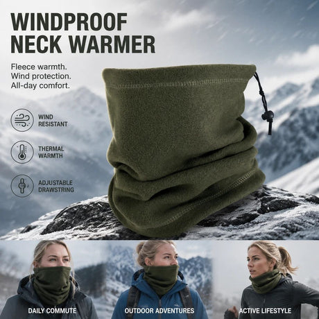 Thoughtful Ski & Cycling Gift Fleece Drawstring Neck Gaiter, Army Green, Windproof Thermal Neck Warmer