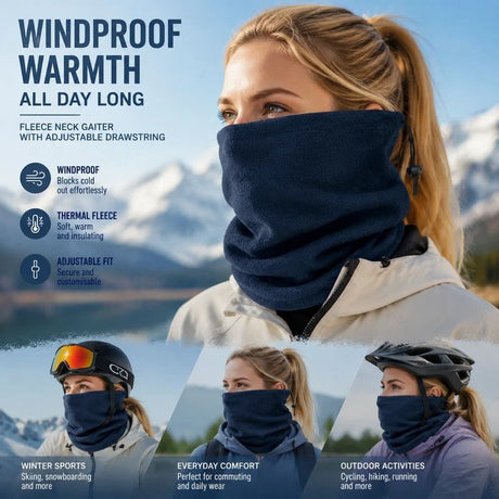 Cozy Snow Trip Essential Fleece Lined Drawstring Neck Gaiter, Navy, Wind Block Neck Protector