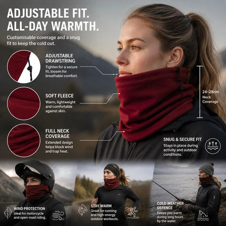 Lovely Outdoor Sport Surprise Soft Fleece Drawstring Neck Warmer, Burgundy, Ski Riding Accessory