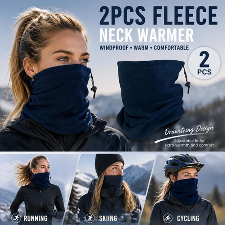 Cosy Winter Sport Bundle Fleece Drawstring Neck Gaiters 2 Pcs, Navy, Wind Block Ski Accessory