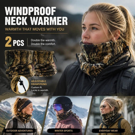 Practical Hiking Gear Set Polar Fleece Drawstring Neck Tubes 2 Pcs, Jungle Camo, Thermal Face Mask