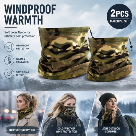 Warm Snow Outdoor Bundle Fleece Drawstring Neck Gaiters 2 Pcs, Camo Army Green, Cold Weather Gear