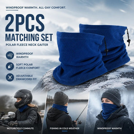Versatile Winter Sport Set Polar Fleece Drawstring Neck Tubes 2 Pcs, Royal Blue, Daily Snow Outfit