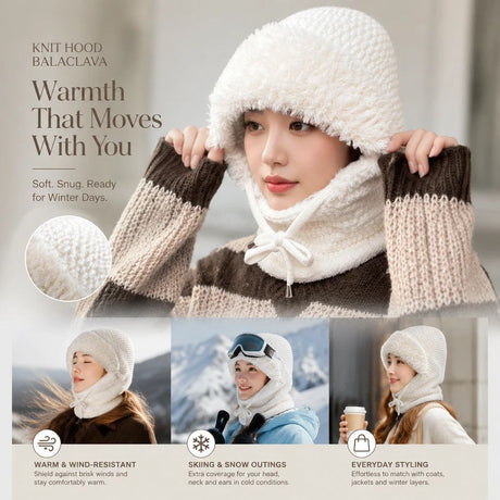 Beautiful Outdoor Knit Headwear White One Size, Integrated Mask & Neck Gaiter, Great For Ski Slopes & Daily Outfit Matching
