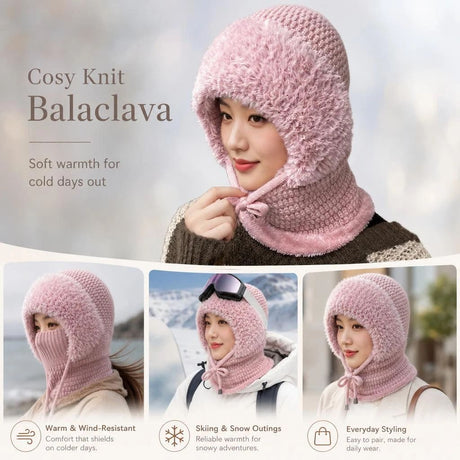 Adorable Snow Activity Knitted All-In-One Hat Pink One Size, Plush Inner Lining For Skiing & Day-To-Day Wear
