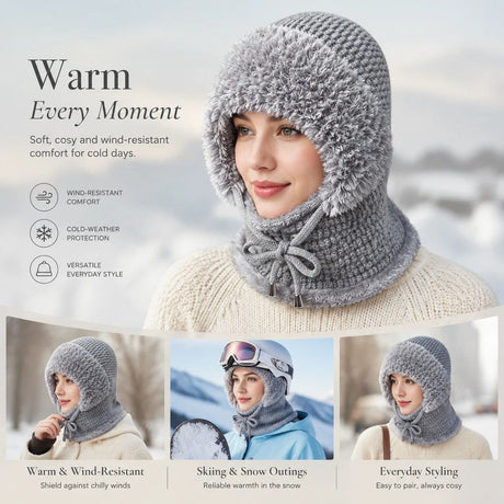 Multi-Use Fleece Knit Hat With Attached Neck Mask Grey One Size, Versatile Headwear For Ski Trips & Casual Styling