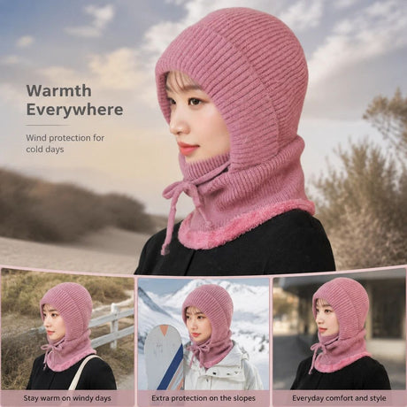Delicate Skin Pink Knitted Head Set One Size, Built-In Neck Warmer Mask, Perfect For Ski Getaways & Casual Daily Style