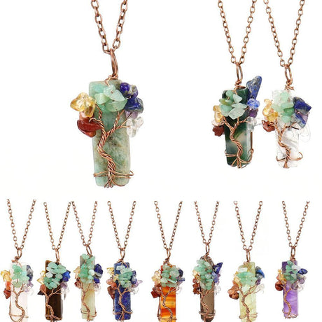 Irregular Raw Crystal Bar Tree of Life Charm Necklace, Antique Copper Setting, Clear Quartz, Christmas & Halloween Party Dress‑up Accessory, Dainty Stackable Holiday Present