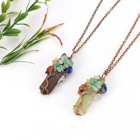 Natural Irregular Crystal Fragment Tree of Life Necklace, Antique Copper Frame, Lapis Lazuli, Christmas & Halloween Photo‑worthy Ornament, Fashion Layering Holiday Jewelry Gift
