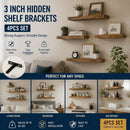 3" Black Hidden T Shelf Bracket 4Pcs w/ 5x60&5x80 Screws