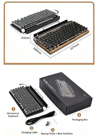 83 Keys Retro Punk Typewriter Mechanical Keyboard, Dual-Mode Bluetooth Hot Swappable Clicky Blue Switch, Wood Grain Shell With White Backlight, Custom Typing Accessory, Christmas Halloween Tech Enthusiast Gift